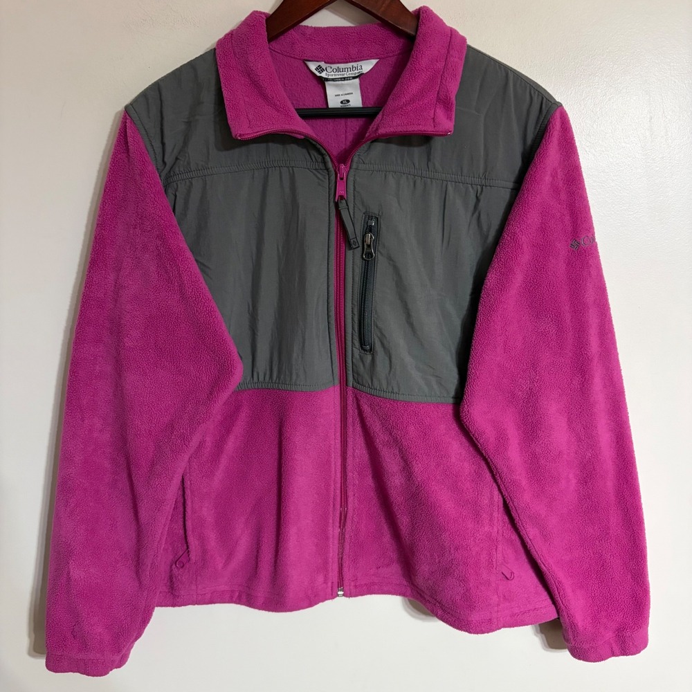 Columbia Womens XL Fleece Jacket Full Zip Colorblock Pink Grey Outdoor Layer